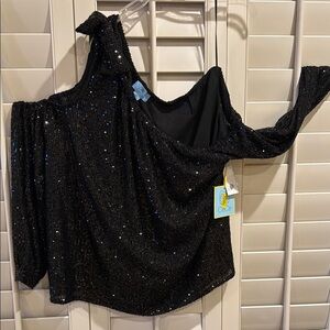 CeCe Black One Shoulder Sequin Blouse
